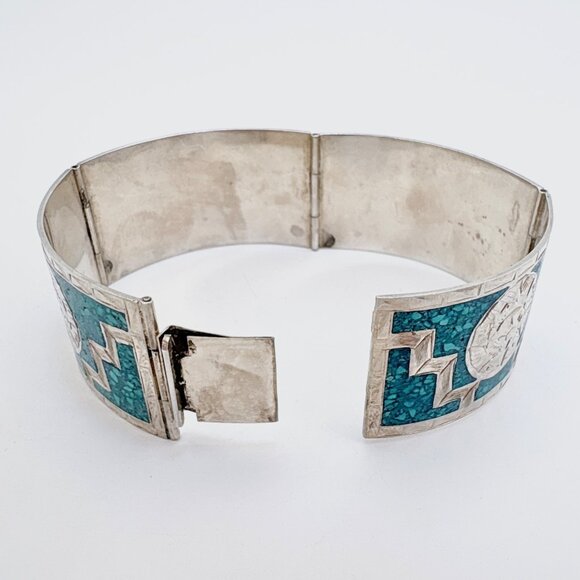 Sterling Silver Turquoise Inlay Aztec Calendar Motifs Hinged Cuff Bracelet 6.75" - Picture 2 of 11